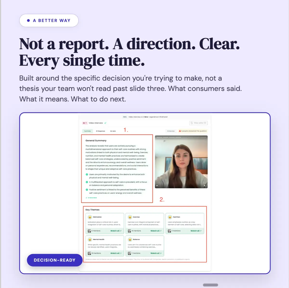 Innovatr landing section headlined “Not a report. A direction. Clear. Every single time.”, showing the video-interview analysis view beneath it.
