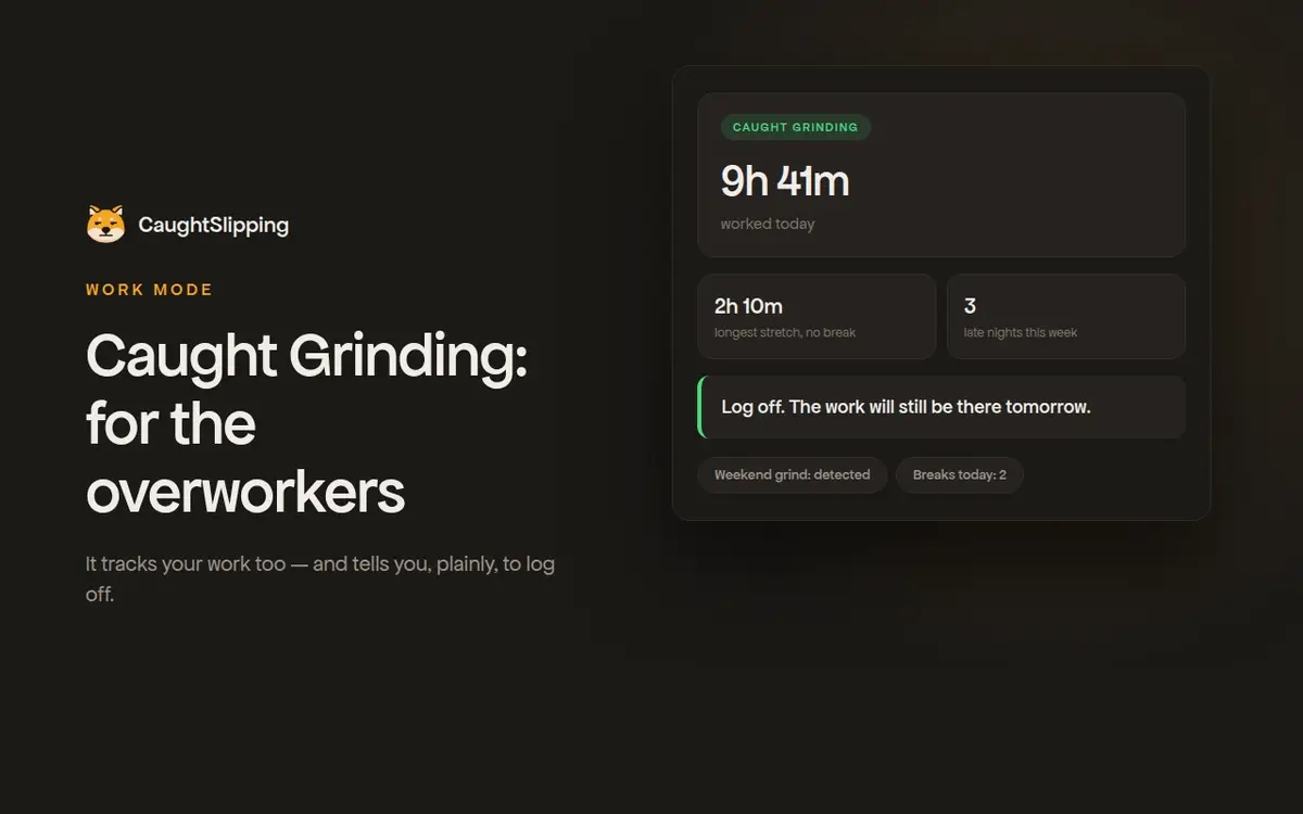 CaughtSlipping store panel for Work Mode — “Caught Grinding: for the overworkers” — beside a card reading nine hours forty-one worked today.