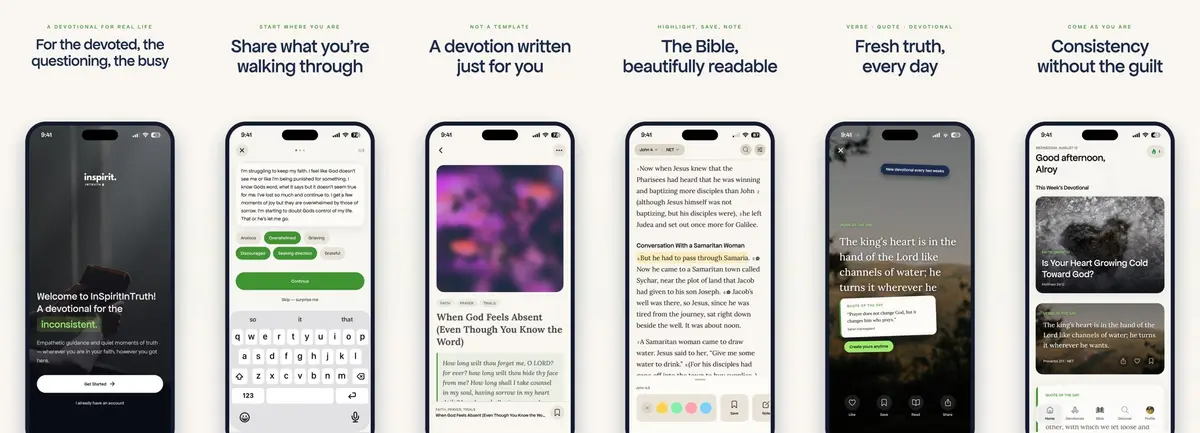 App Store screen sheet for InSpiritInTruth: six phones, each under its own headline, from “For the devoted, the questioning, the busy” to “Consistency without the guilt”.
