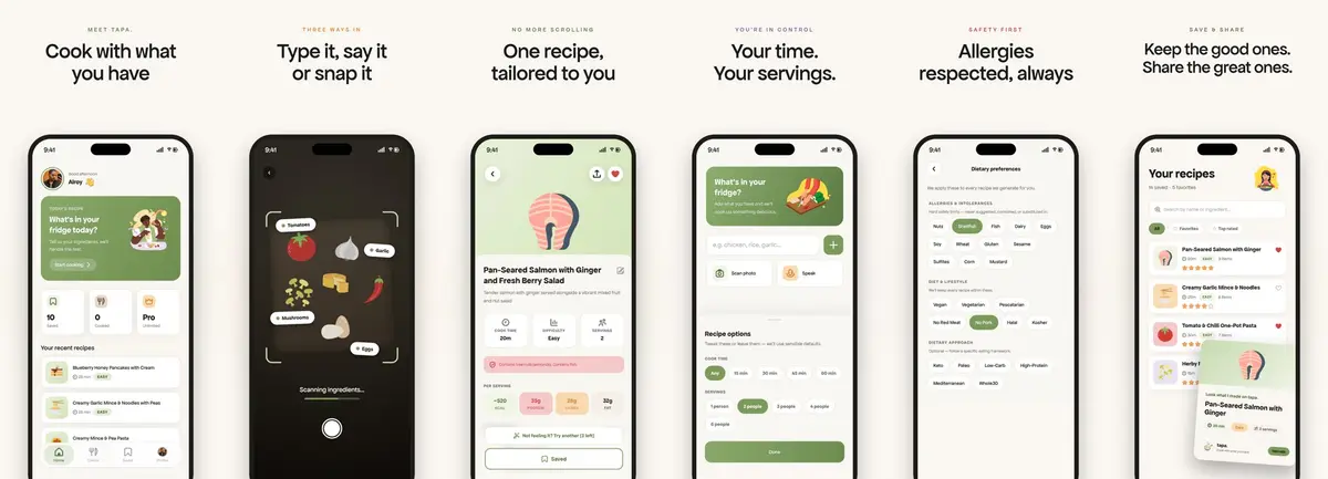 App Store screen sheet for tapa.: six phones under headlines from “Cook with what you have” to “Keep the good ones. Share the great ones.”