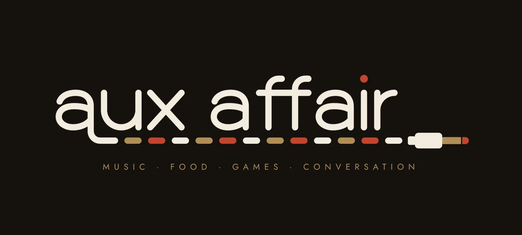 The final Aux Affair lockup: a rounded lowercase wordmark with a dashed cable underline in brass, ivory and ember, ending in a plug.
