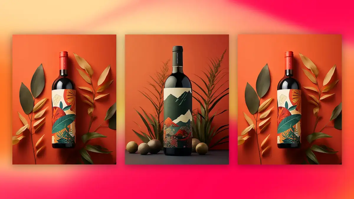 Three wine labels side by side, each carrying a different illustrated landscape.