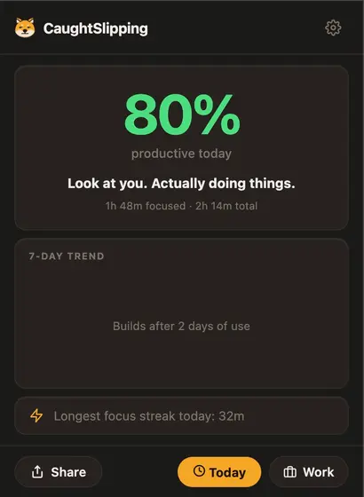 The focus view reporting 80 percent productive for the day.