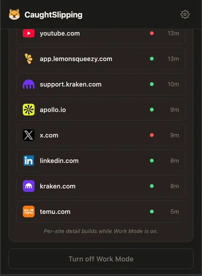 The full list of sites visited during work mode.