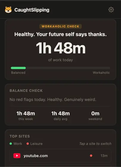 Work mode showing hours focused against a balance check.