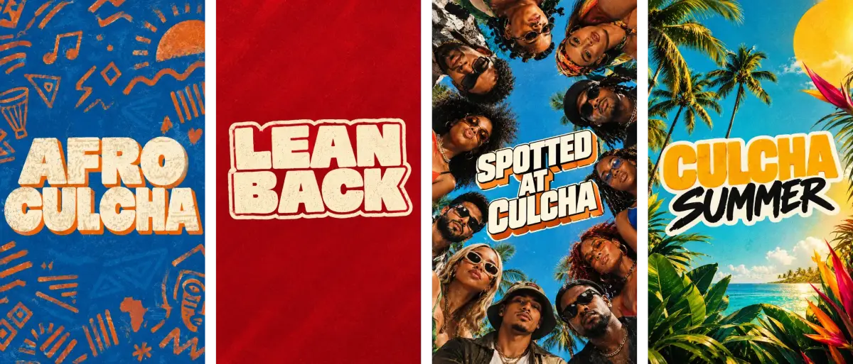 Four Instagram story highlight covers for an events brand, side by side: Afro Culcha on cobalt blue, Lean Back on crimson, Spotted at Culcha shot up through a ring of faces, and Culcha Summer over palms and sea.