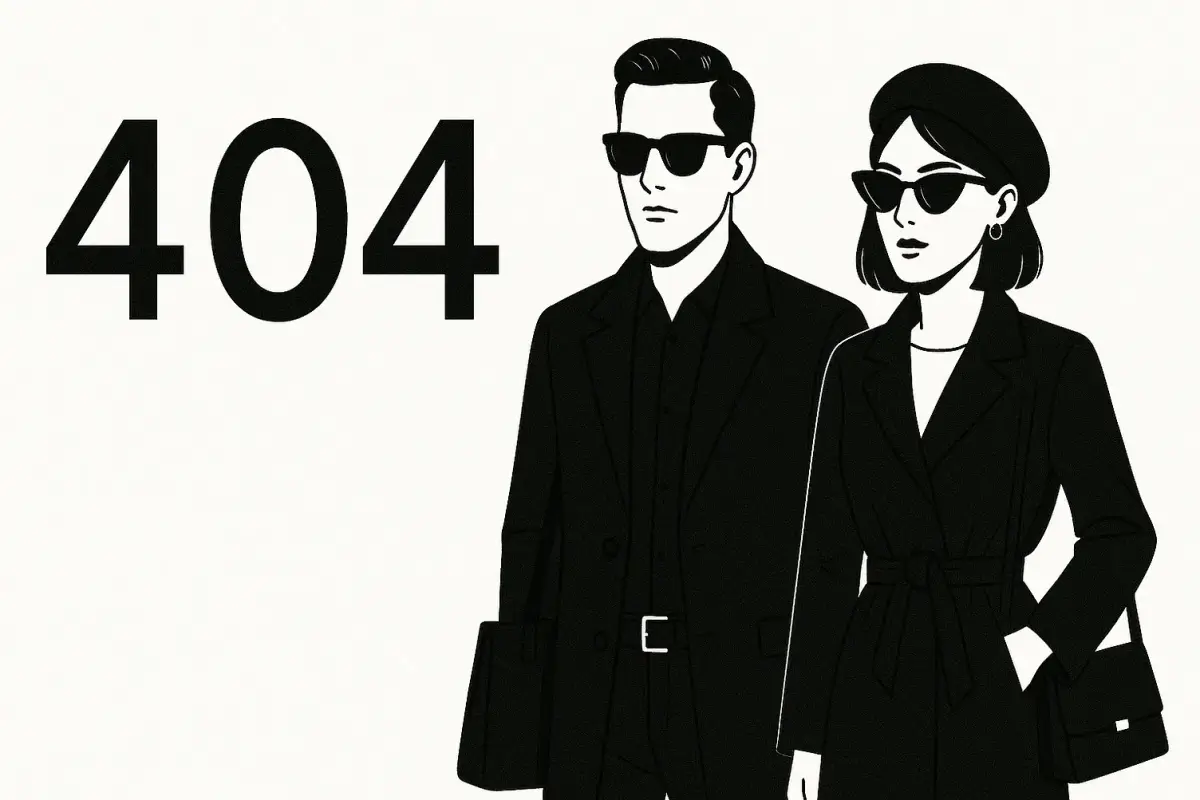 Illustrated 404 page: two figures in sunglasses and dark coats standing beside oversized numerals.