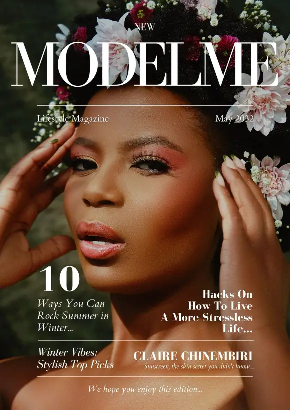 MODELME magazine cover, cover lines arranged around a beauty portrait.
