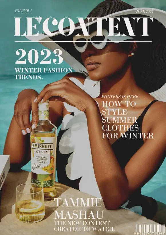 LE'CONTENT winter fashion cover, cover lines wrapped around a portrait of Tammie Mashau.