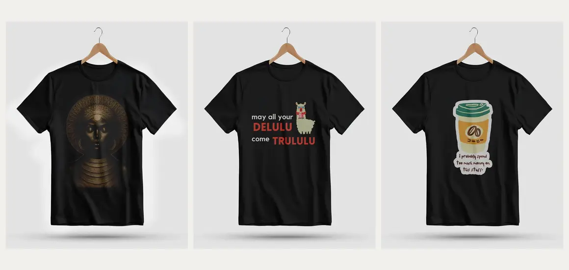 Three Filosofee graphic tees on hangers: the African Queen print, “may all your delulu come trululu”, and the coffee slogan piece.