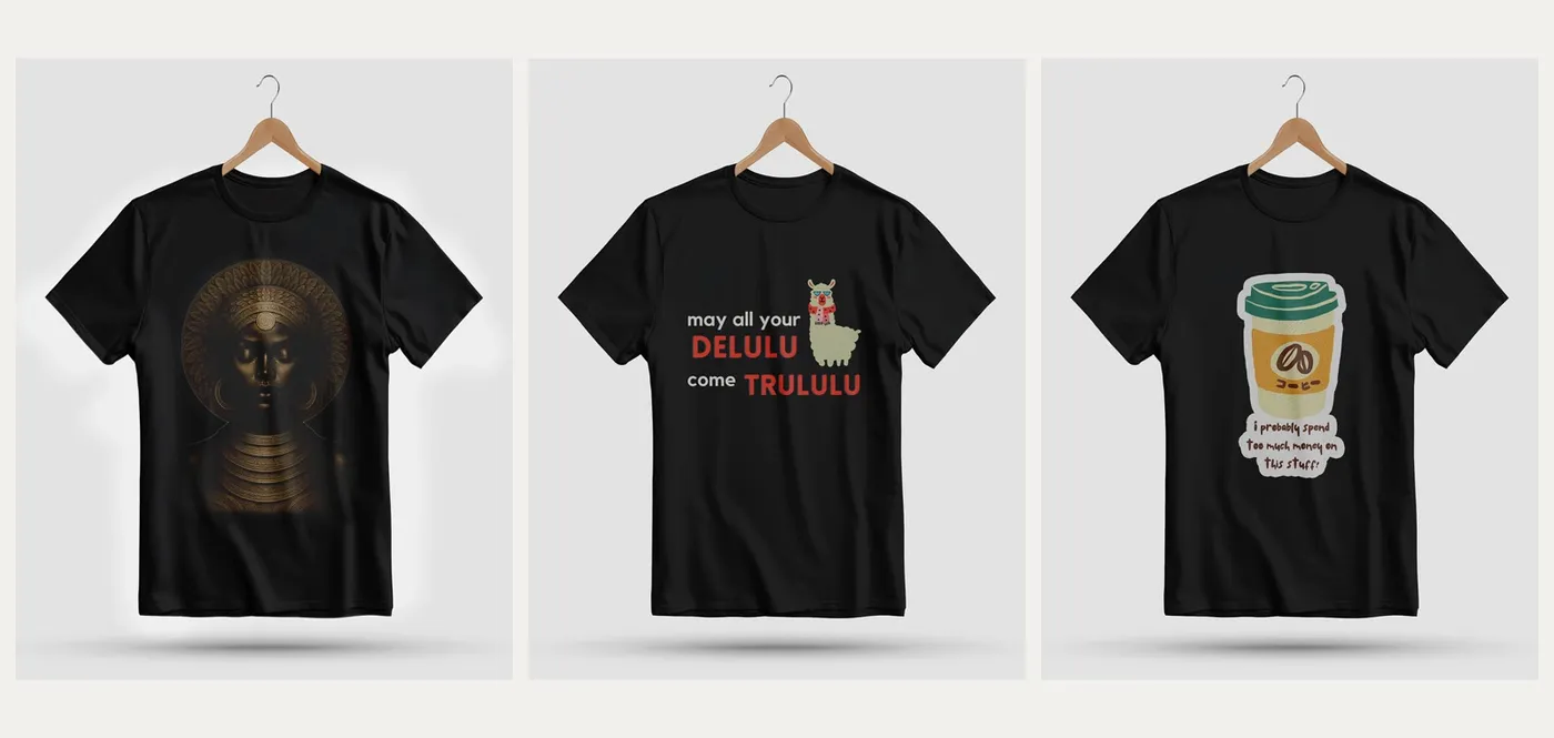 Three Filosofee graphic tees on hangers: the African Queen print, “may all your delulu come trululu”, and the coffee slogan piece.