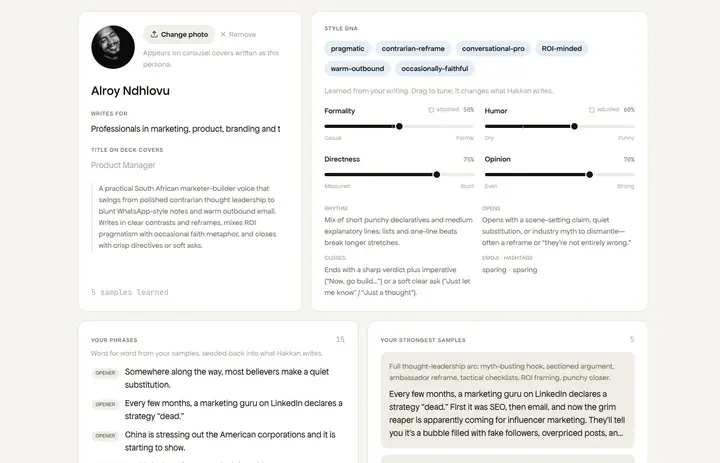 Hakkan persona view, grouping the voices found in the research.