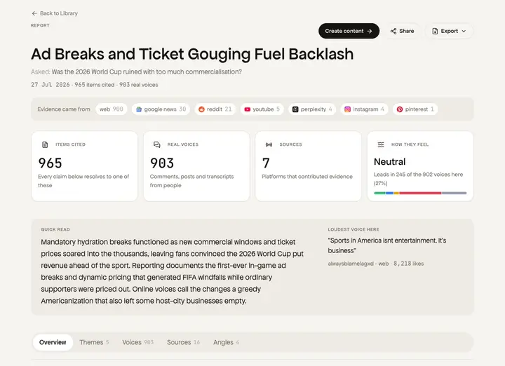 Hakkan research report showing themes and a sentiment split.