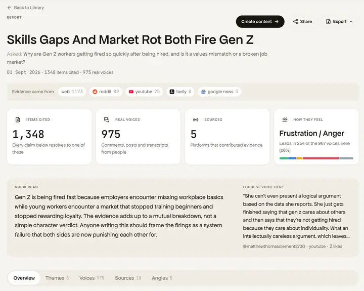 Hakkan research report showing themes and a sentiment split.