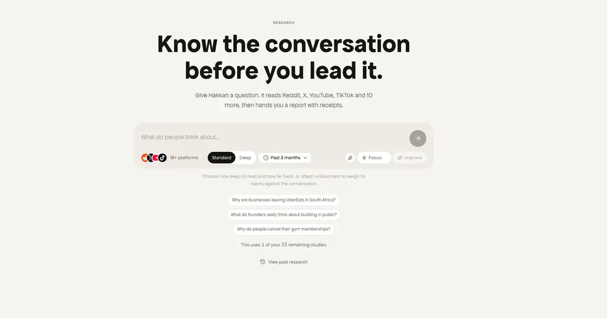 Hakkan's question screen — one input, depth and time-range controls, and the platforms it reads.
