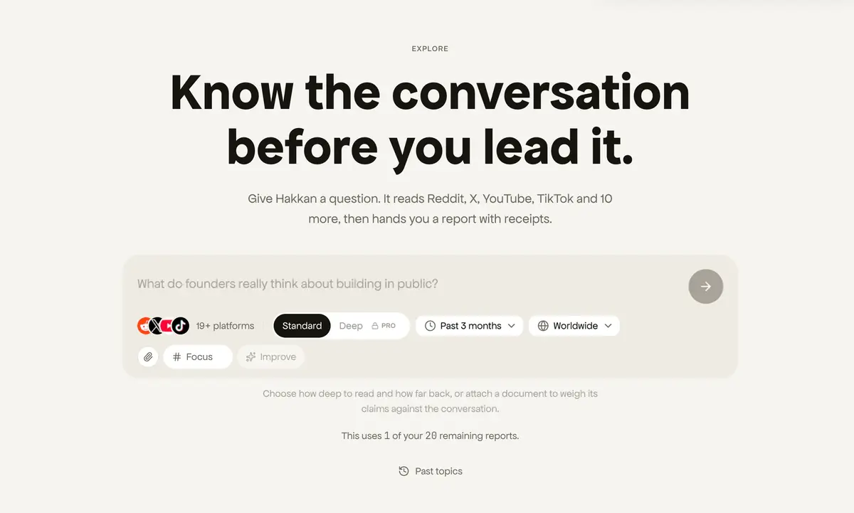 Content discovery screen — one input, depth and time-range controls, and the platforms it reads.