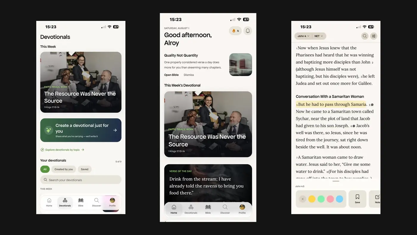 Three InSpiritInTruth screens: the devotionals library, the home screen, and the in-app Bible.