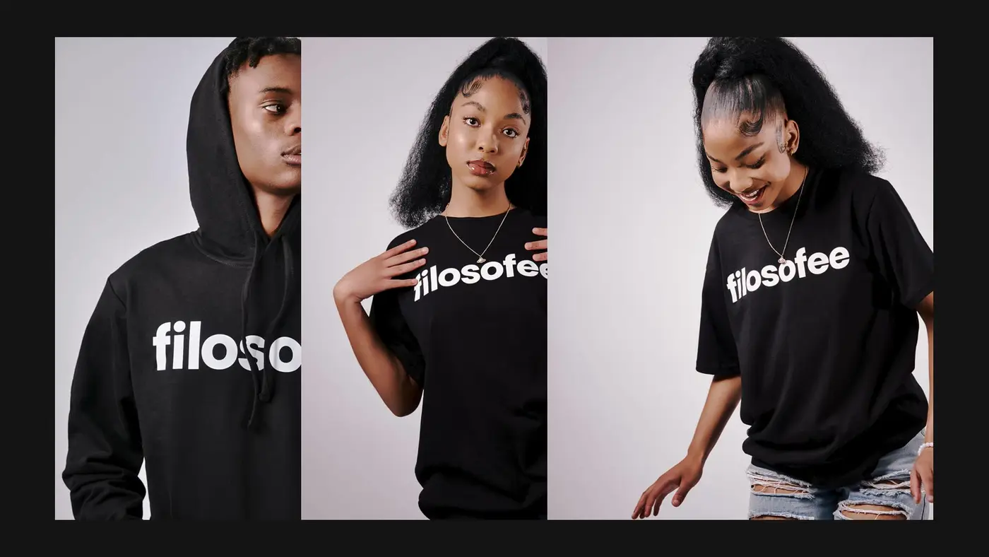 Three frames from the Filosofee product shoot: the wordmark hoodie and tees on a plain studio backdrop.