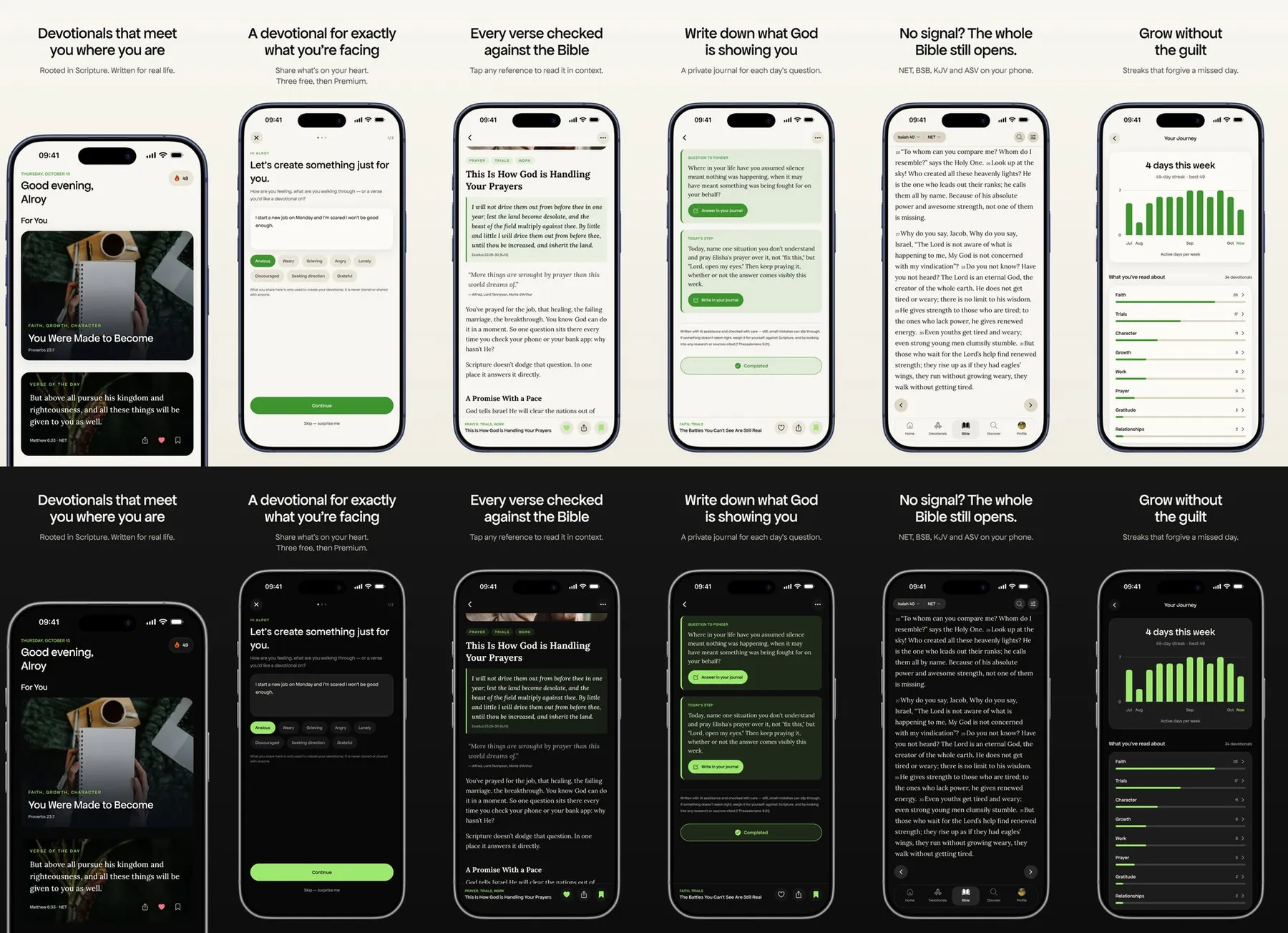 Six App Store screenshots for a devotional app in light and dark, each a phone under its own headline.