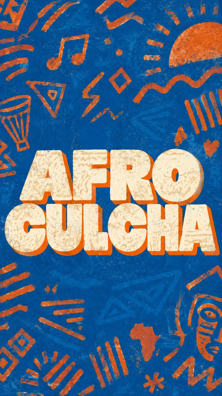 Afro Culcha: cream lettering with an orange shadow on cobalt blue, ringed by printed orange symbols.