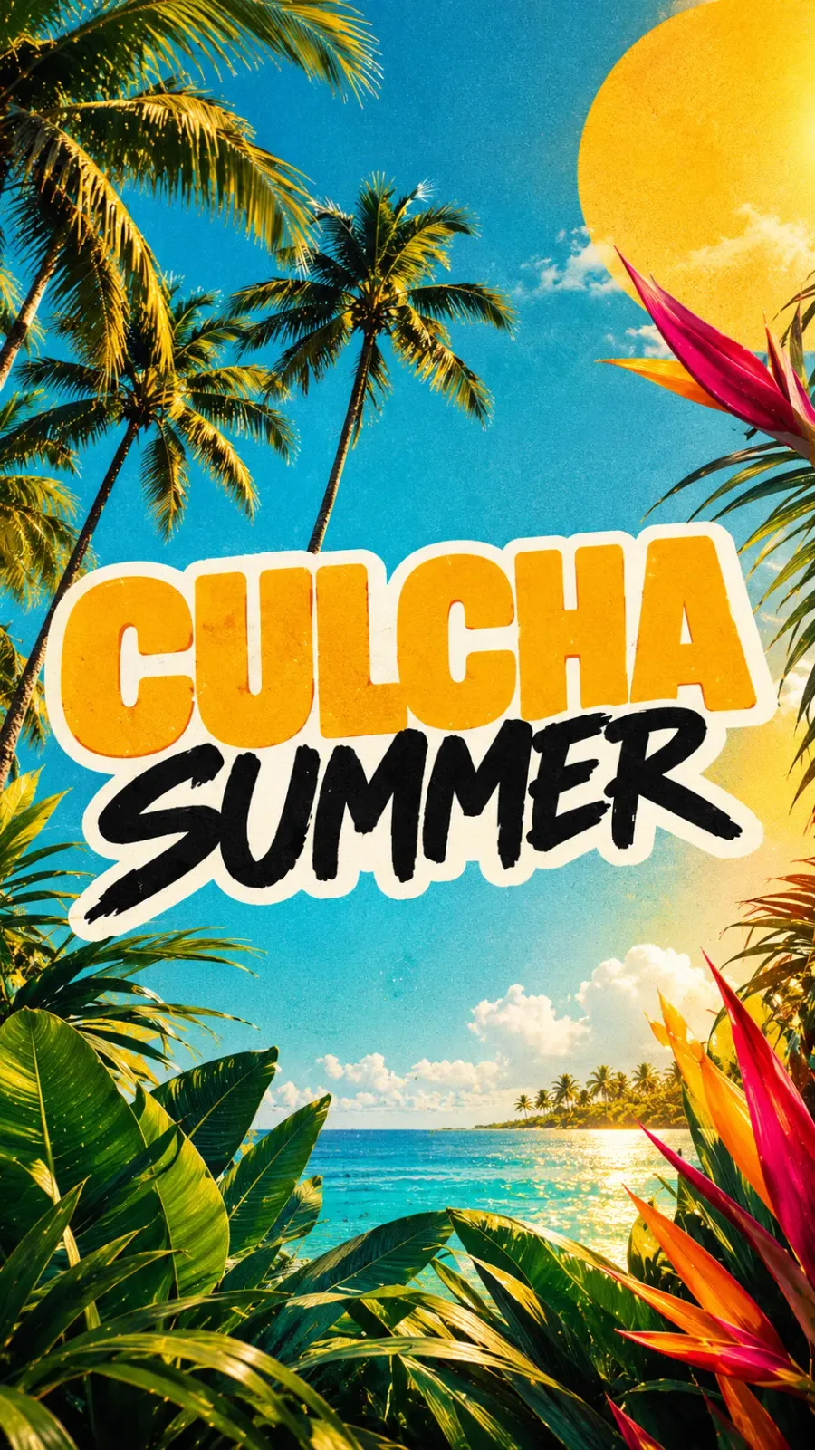 Culcha Summer: a yellow sticker headline and brush script over palms, a hot sun and a turquoise sea.