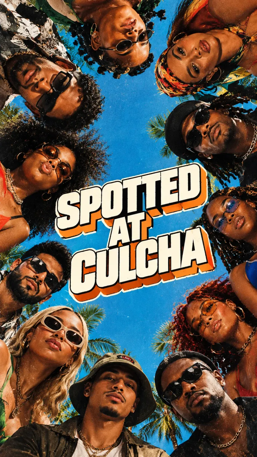 Spotted at Culcha: a ring of faces in sunglasses seen from below against palm trees and sky.