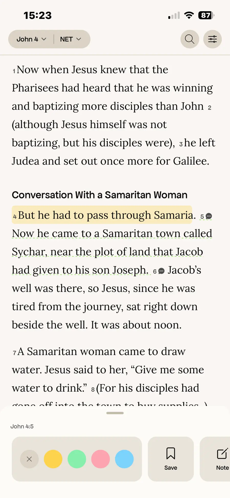 The in-app Bible with highlight, note and save.