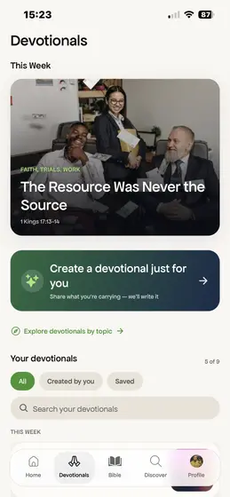 The devotionals tab, with the option to have one written for you.
