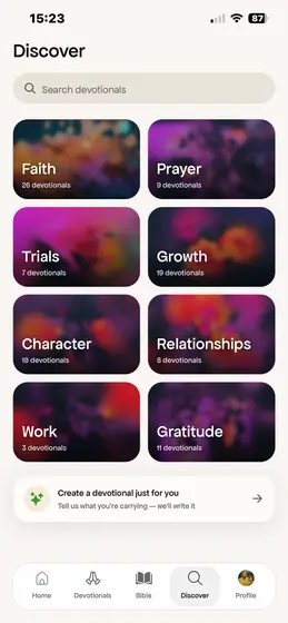 Discover, browsing devotionals by theme from Faith to Gratitude.