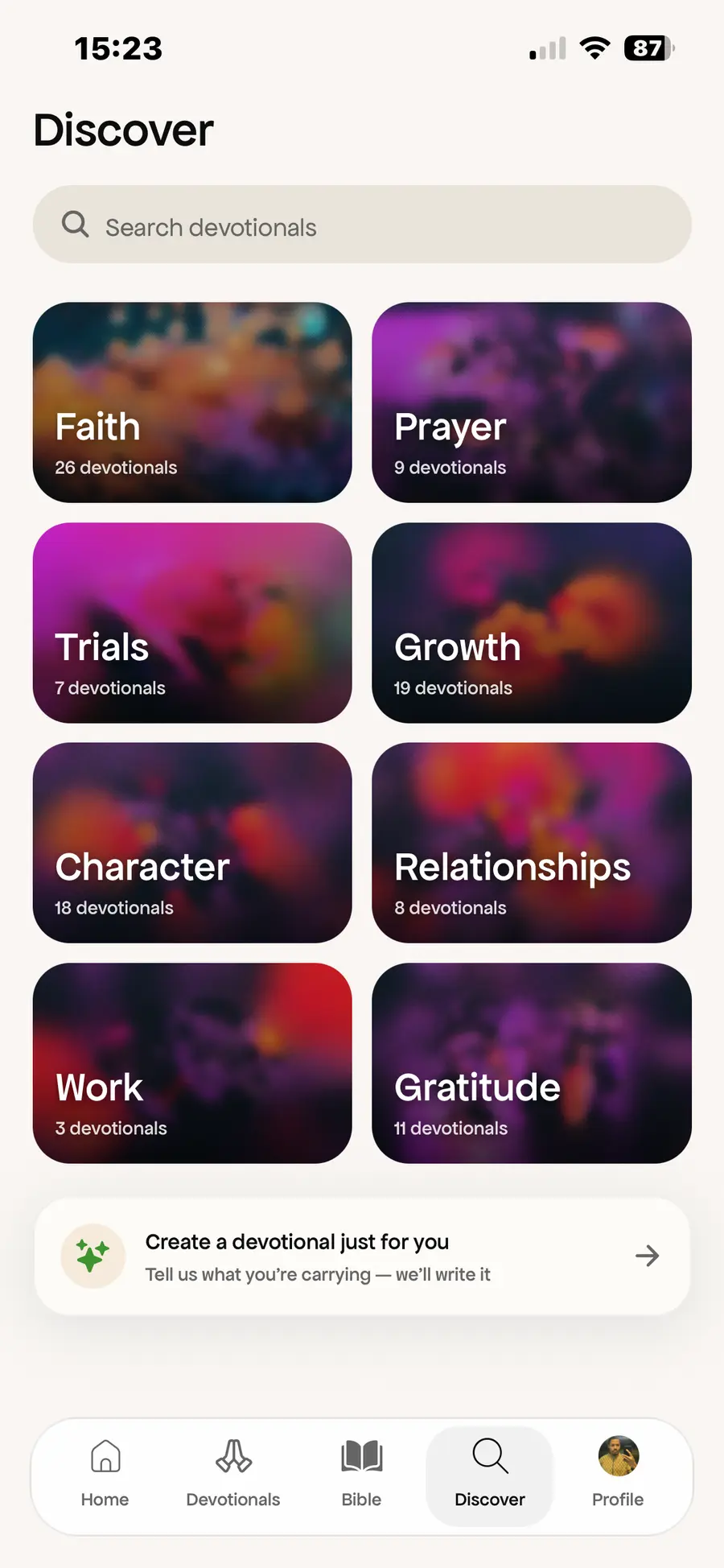 Discover: browsing by theme, Faith to Gratitude.