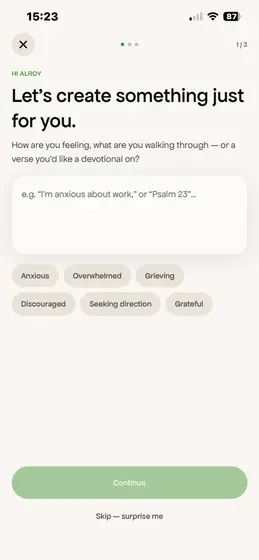 The personalisation step, asking what you are walking through, with mood options below.