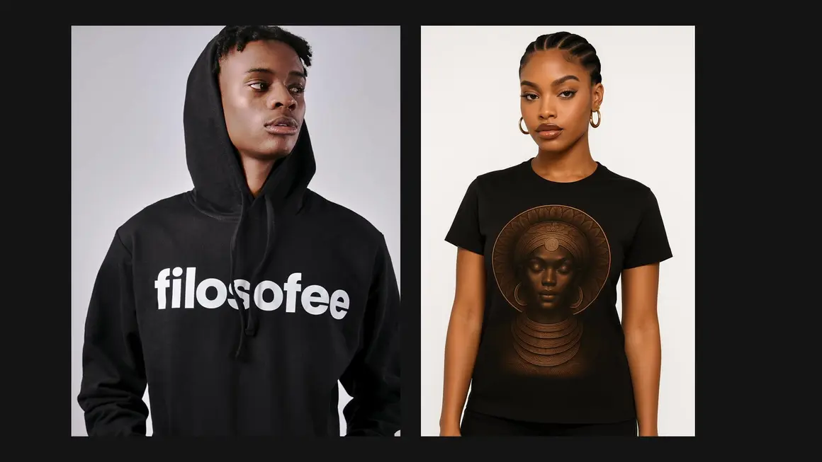 Side by side: a photographed hoodie shot from the studio shoot, and a generated model shot in the same lighting and staging.