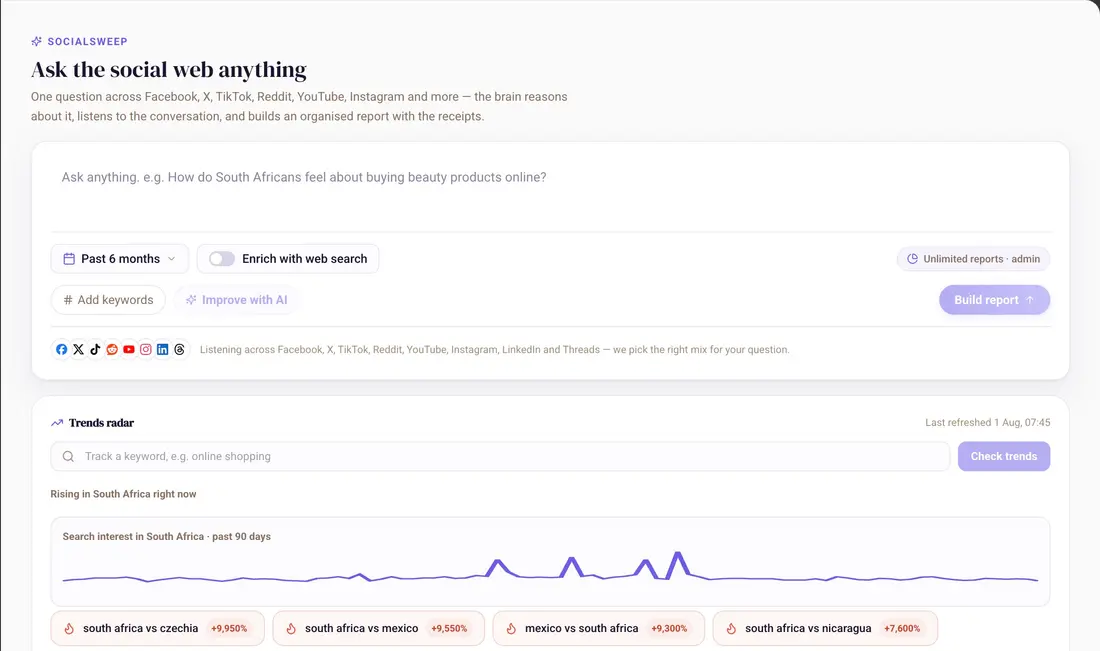 Social Sweep's question screen: one plain-language box, a time range, an option to enrich with web search, and the eight platforms it listens across, with a trends radar below.