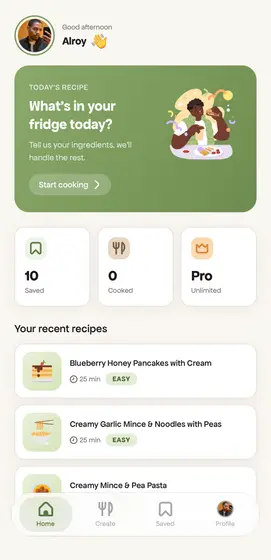 tapa. home screen with the day's recipe suggestion.