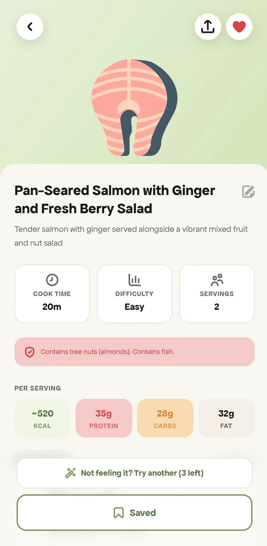 One recipe: time, difficulty, nutrition, allergens flagged.