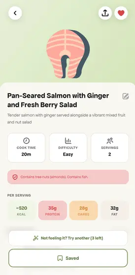 A generated recipe with ingredients and method.