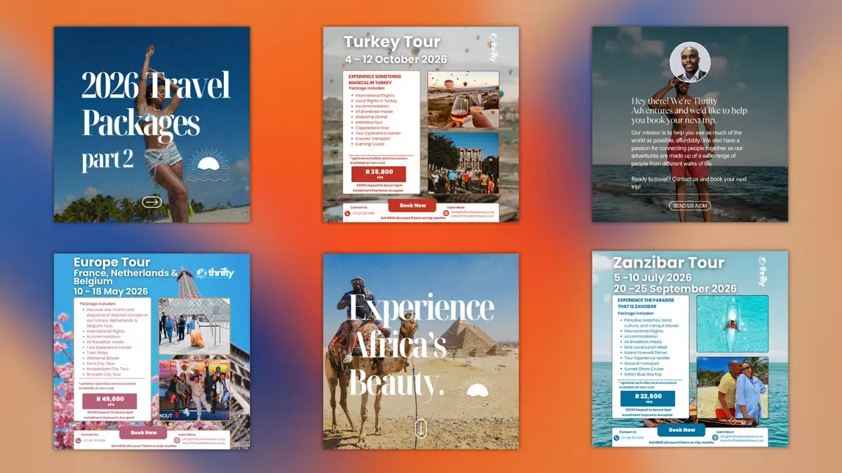 A grid of Thrifty Adventures tour posts covering Turkey, Europe and Zanzibar.