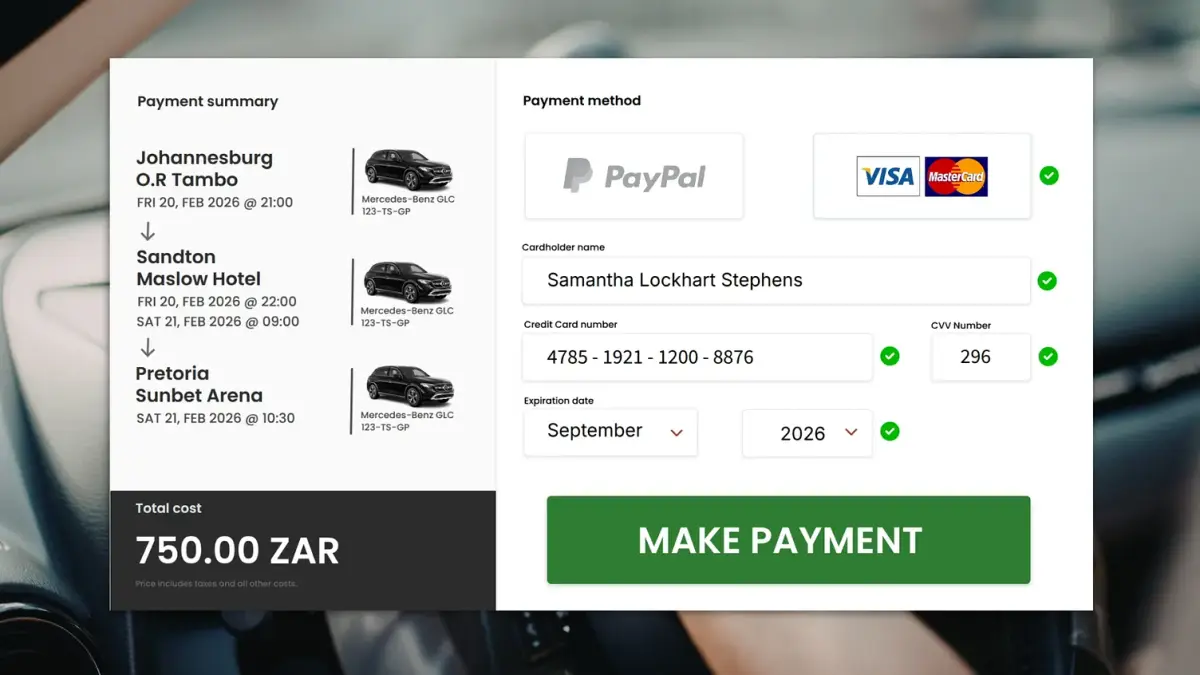 Checkout step of a shuttle booking flow, showing the trip summary in rand beside a card payment form.