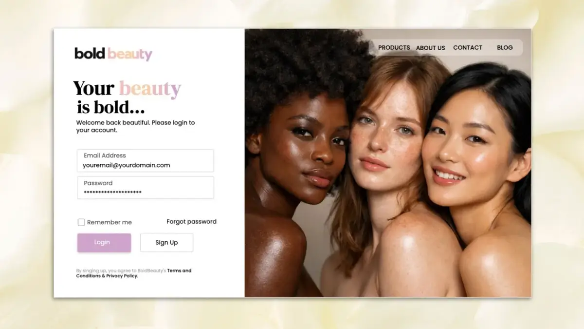 Sign-in screen for Bold Beauty, the form on the left and a trio of portraits filling the right half.