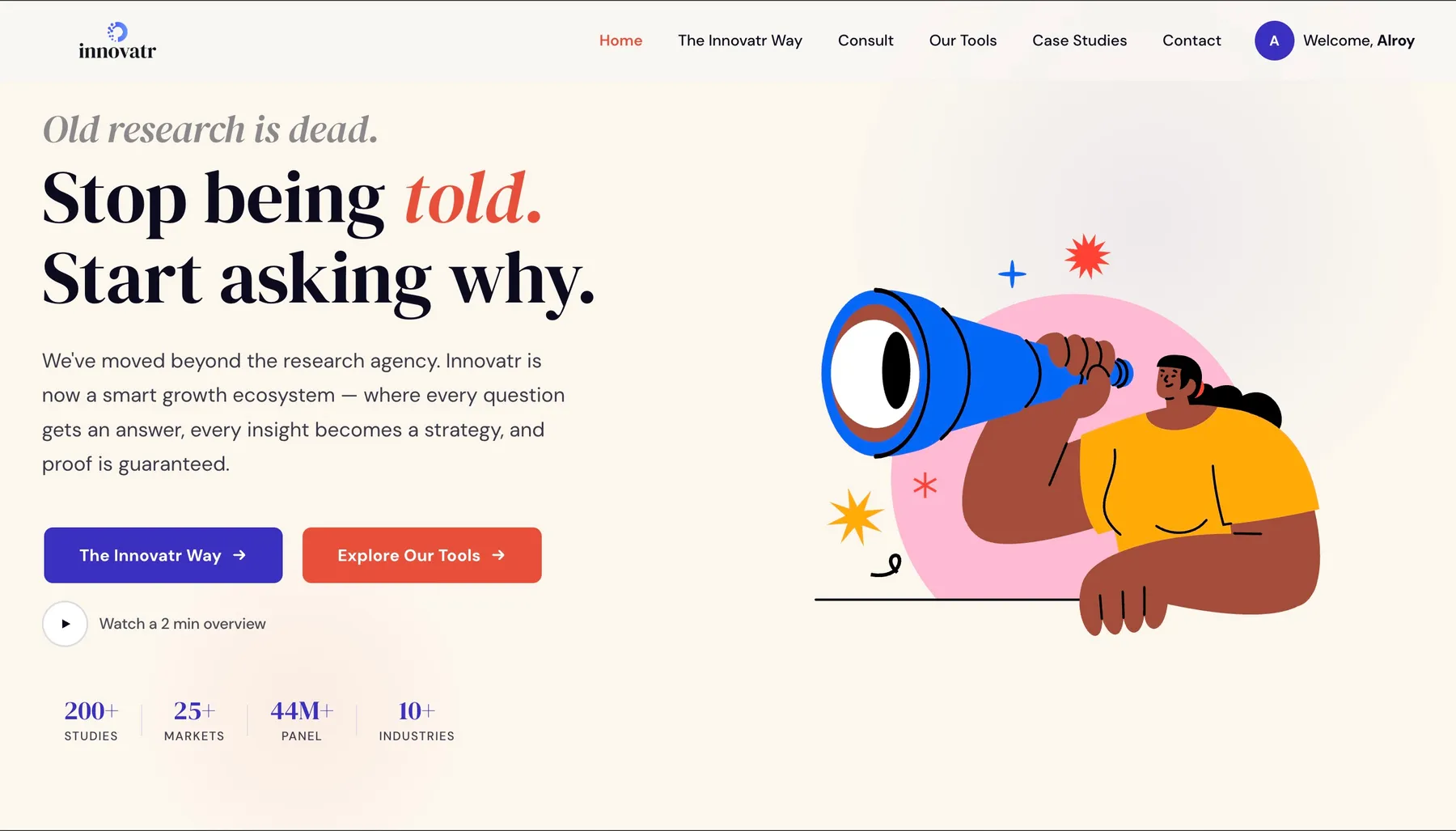 The rebuilt Innovatr home page, leading with the consumer-intelligence positioning.